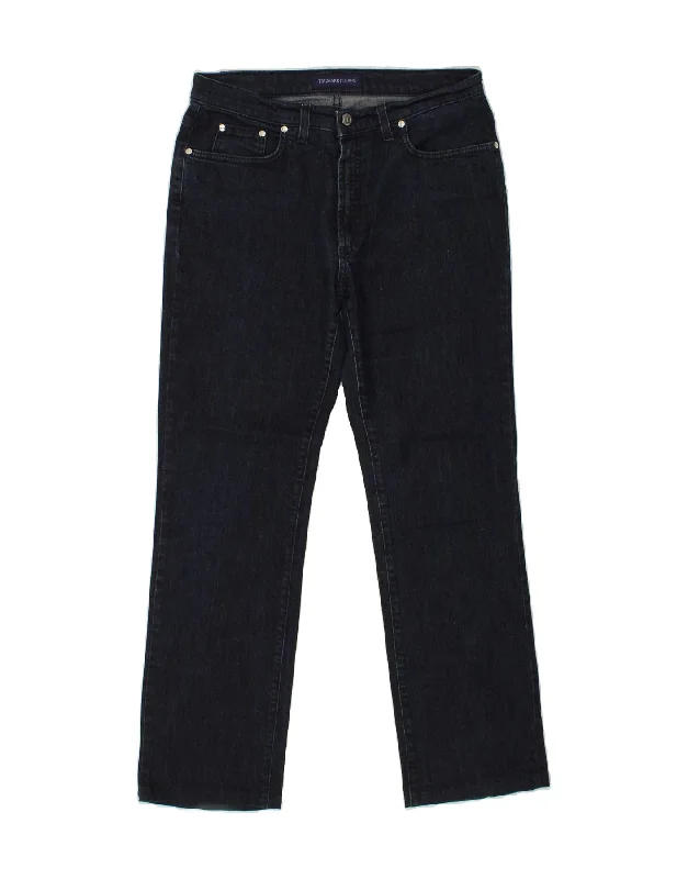 TRUSSARDI Womens Straight Jeans W33 L30 Navy Blue Cotton Elegant Wide-Leg Jeans