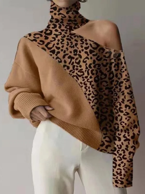 Leopard Patch Long Sleeve Off Shoulder Sweater Wool Fabric Cashmere Fabric Tweed Fabric