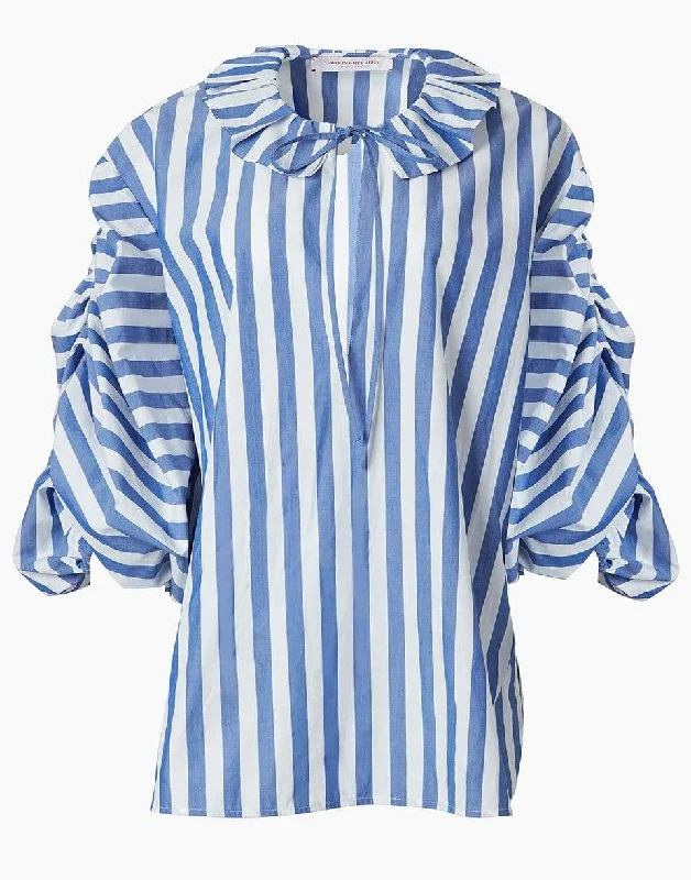 Striped Puff Sleeved Blouse with Neck Ruffle Airy Cotton Blouse