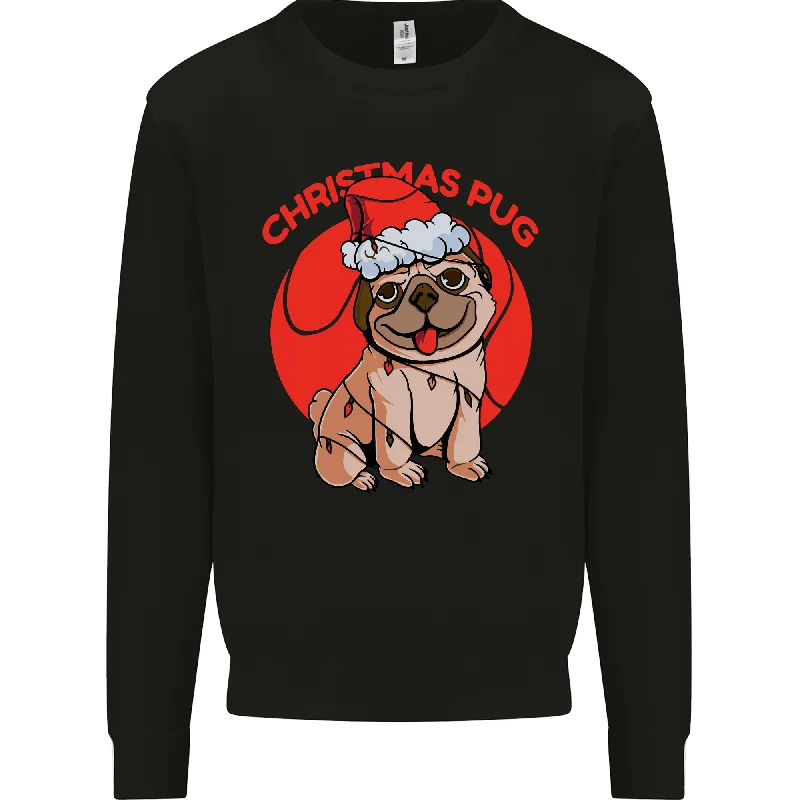 A Christmas Pug Wearing an Xmas Hat Mens Sweatshirt Jumper Hoodie with Drawstring Waist Adjustable Fitted