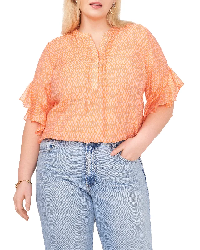 Plus-Size Pintuck Pleated Flutter Sleeve Blouse Double-Layered Blouse