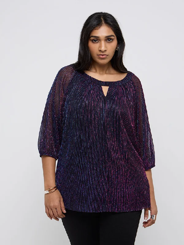 Gia Purple Ribbed and Shimmer-Detailed Blouse Sheer Mesh Blouse