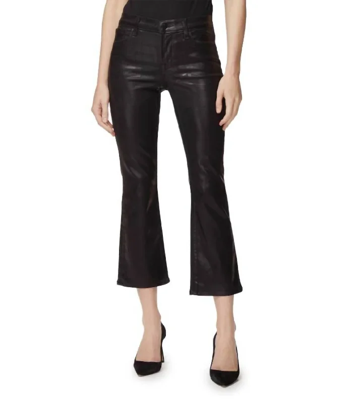 Selena Coated Mid Rise Crop Bootcut Flare Jeans In Galactic Black Elegant Tapered Leg Denim