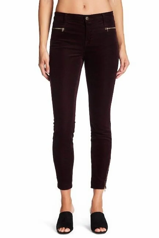 Iselin Burgundy Gold Ankle Zip Corduroy Stretch Jeans In Dark Burgundy Stylish High-Waist Skinny Denim