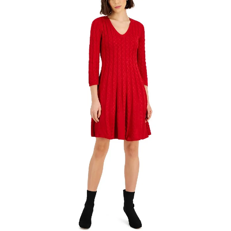 Womens Cable Knit Mini Sweaterdress Ribbed Striped Patterned