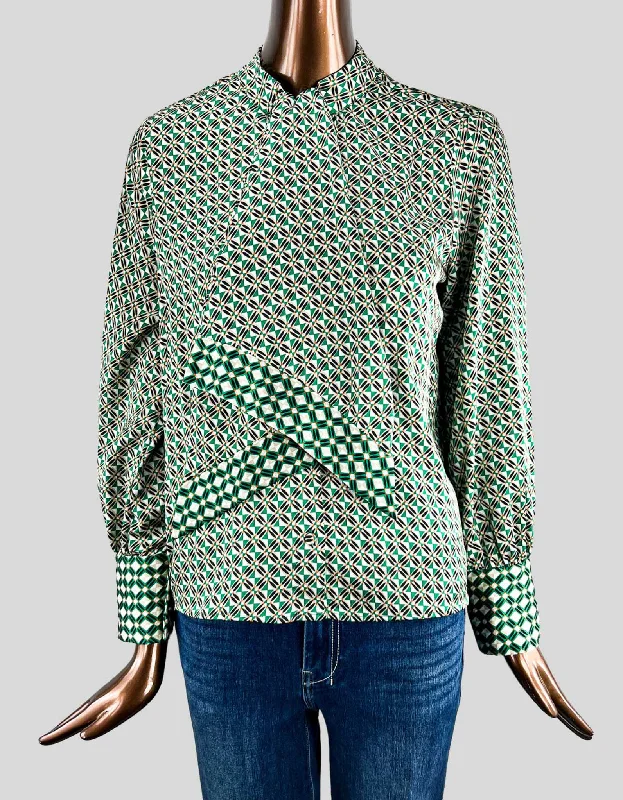 Zara Green Patterned Blouse with Tie - Medium Classic White Blouse