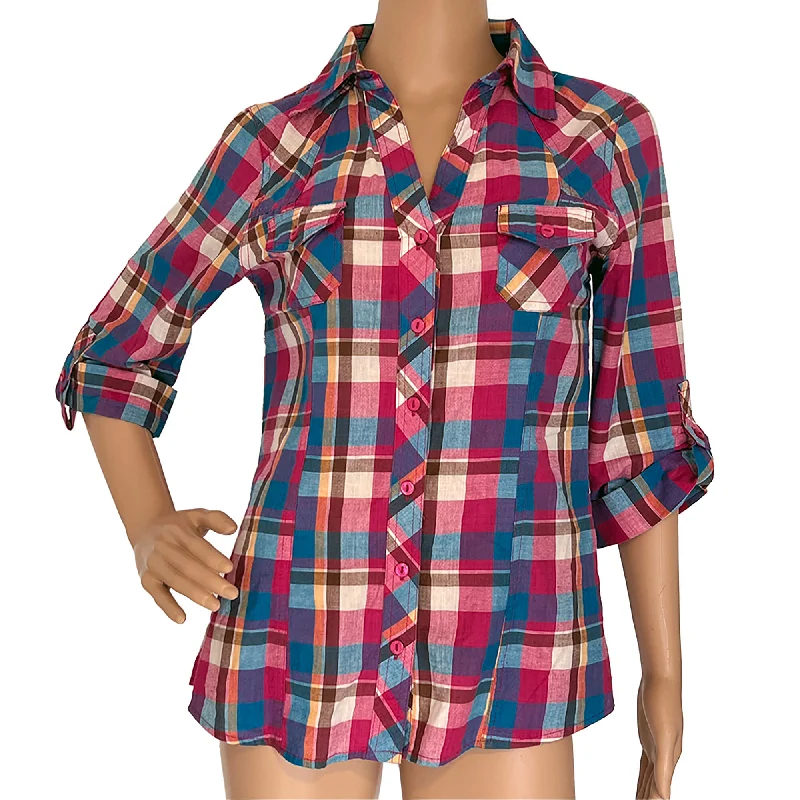 Passport Multicolor Plaid Long Sleeve Button Front Shirt, Blouse - Size M Delicate Pleat Blouse