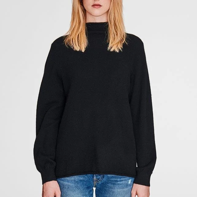 Blouson Sleeve Sweater (Black) Lace Blend Ribbed Blend Corduroy Blend