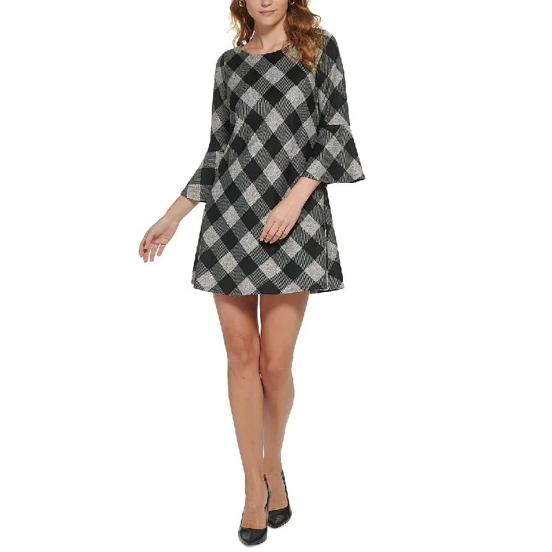 Petites Womens Knit Plaid Sweaterdress Satin Fabric Silk Fabric Chiffon Fabric