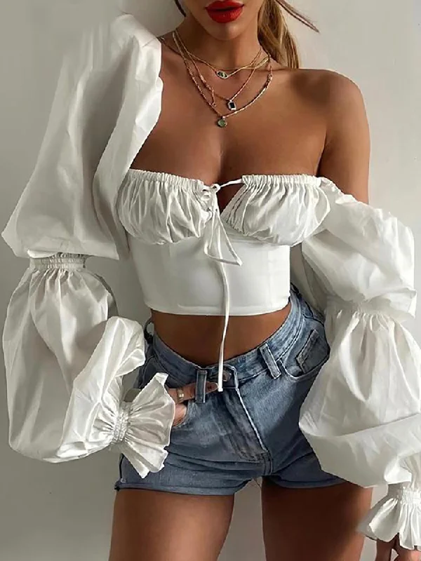 White Ruched Elegant Blouse Women Balloon Long Sleeve Fairy Princess Shirt 2021 Polished Work Blouse