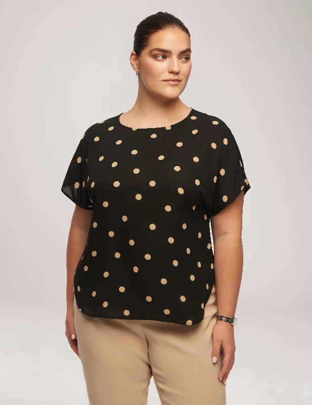 Plus Size Large Dot Bateau Neck Short Sleeve Blouse Casual Relaxed Fit Blouse