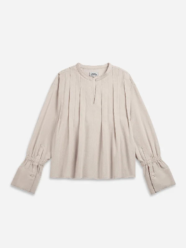 Band Collar Pleated Blouse Chic Off-Shoulder Blouse