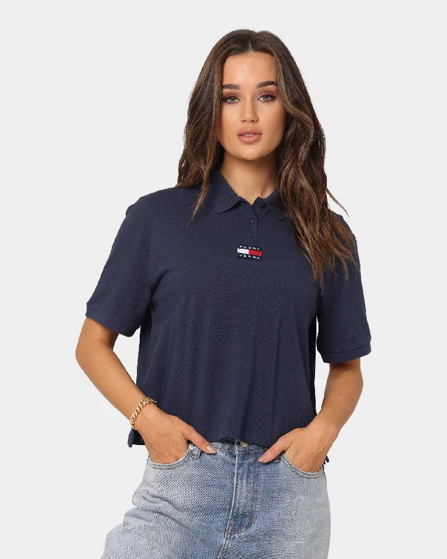 Tommy Jeans Women's Centre Badge Short Sleeve Polo Twilight Navy Fashionable Frayed Hem Denim