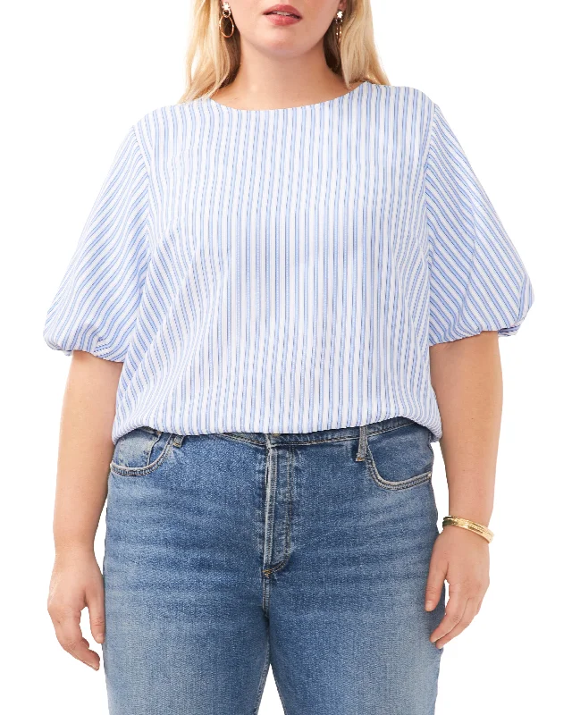 Plus-Size Stripe Print Puff Sleeve Blouse Collared Satin Blouse