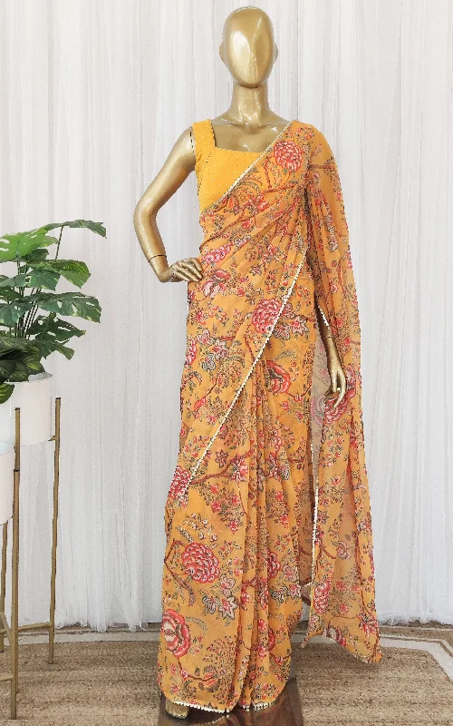 Mustard Floral Georgette Saree with Mukaish Blouse Chic Ruffle Blouse