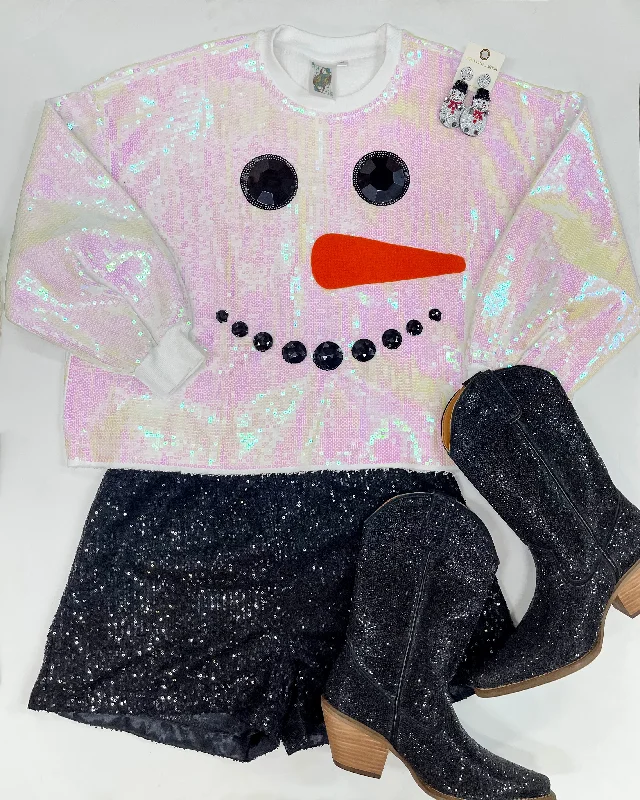 Last Chance Size XS | Queen Of Sparkles |  Snowman Face Sequin Sweater in White Mesh Fabric Canvas Fabric Denim Fabric