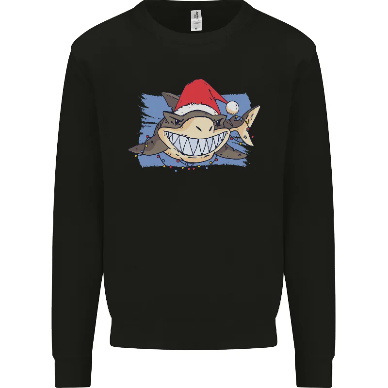 A Christmas Shark Wearing an Xmas Hat Mens Sweatshirt Jumper Hoodie with Hem Frayed Vintage Worn