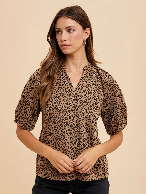 Animal Print Knit Blouse Gathered Detail Blouse