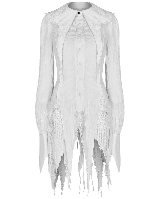 Punk Rave Daily Life Womens Urban Occult Asymmetric Bat Collar Blouse - White Soft Satin Blouse