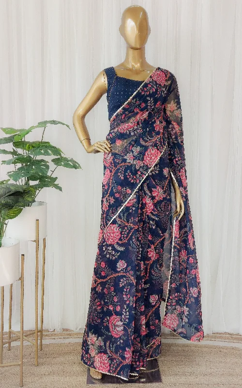 Navy Blue Floral Georgette Saree With Mukaish Blouse Lightweight Tunic Blouse