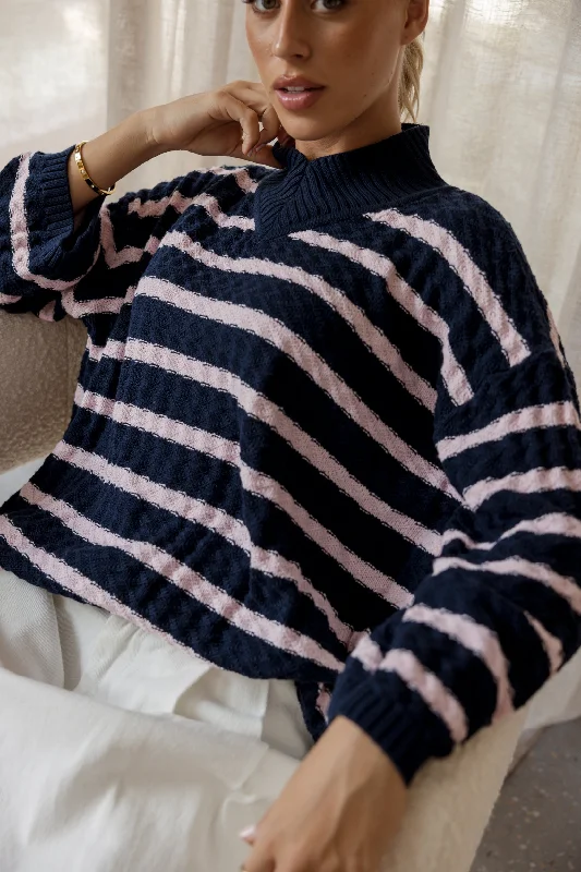 SONNY Knit Jumper Navy Stripe Welt Pockets Slit Pockets Flap Pockets