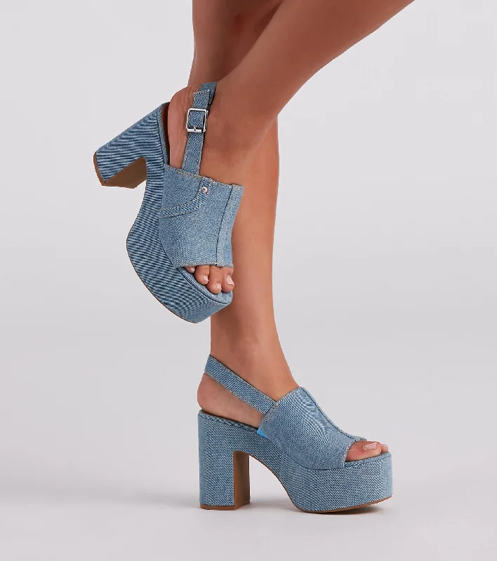 In My Jeans Denim Sling Back Platform Heels Trendy Skinny High-Waist Jeans