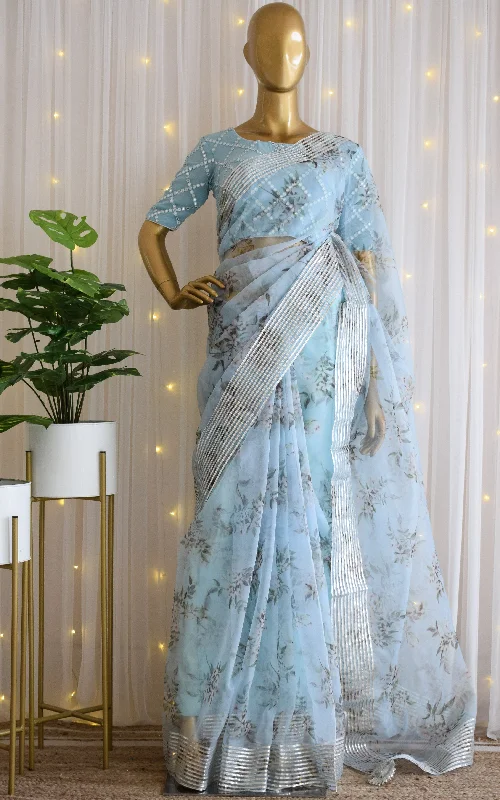 Sky Blue Floral Gota Work Organza Saree with Mirrorwork Blouse Balloon Sleeve Blouse