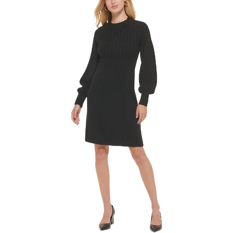 Petites Womens Ribbed Midi Sweaterdress Hooded Caped Shawl Collar