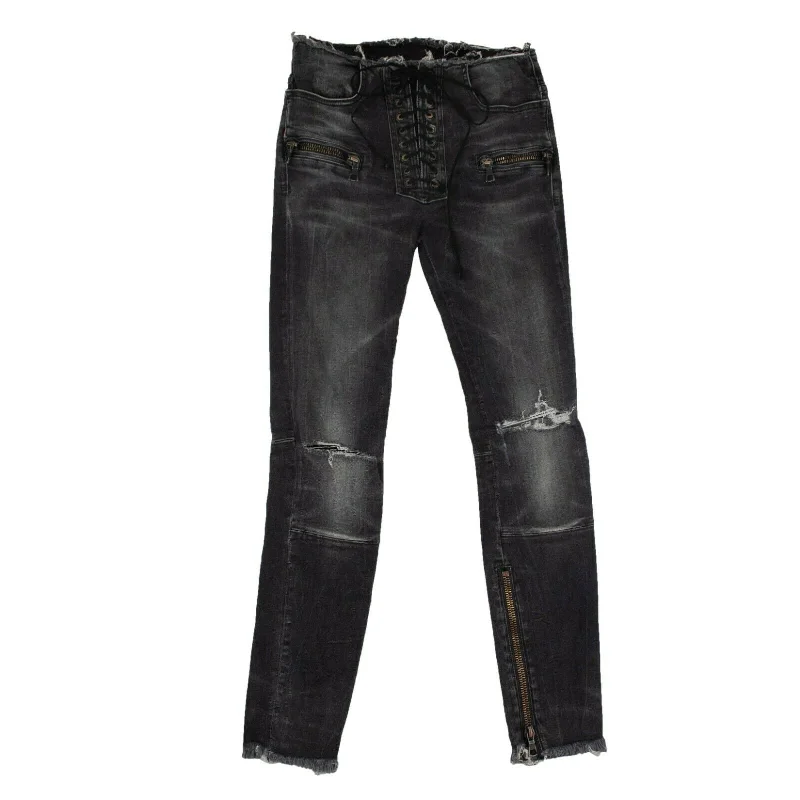 Unravel Project Dark Lace-Up Skinny Jeans - Denim Trendy Cut-Off Denim Shorts