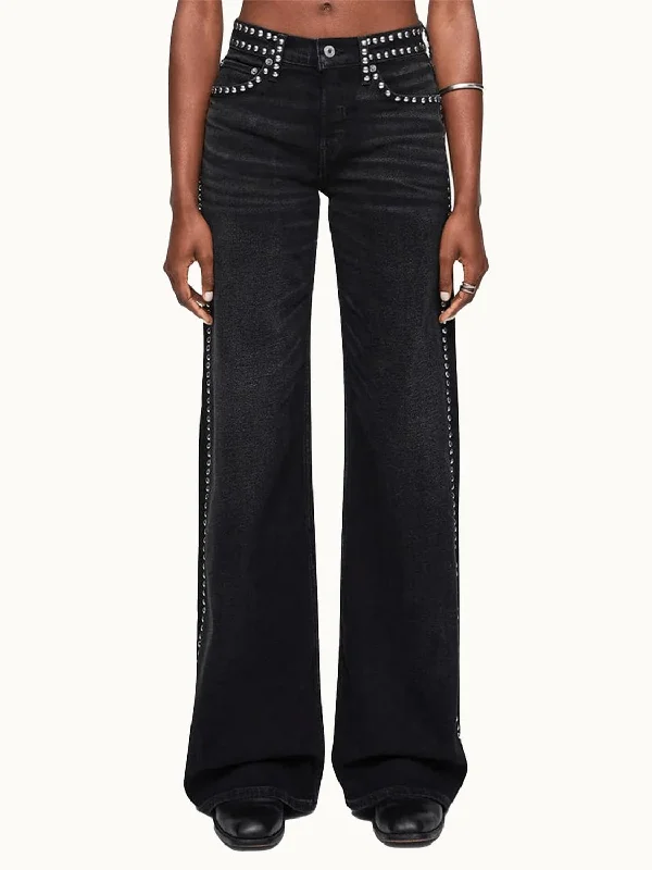 Studded Mid Rise Wide Leg Jeans In Crafted Black Fashionable Bootcut Jeans