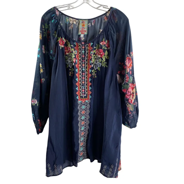 JOHNNY WAS Size 2X Navy Embroidered 3/4 Sleeve BLOUSE Textured Cotton Blouse