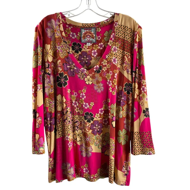 JOHNNY WAS Size X-LARGE Pink/Multi Floral 3/4 Sleeve BLOUSE Lightweight Linen Blouse