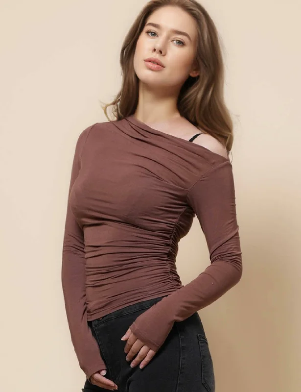 Ladies One Shoulder Blouse Wrinkle Layring Top SKT41227 Loose Oversized Blouse