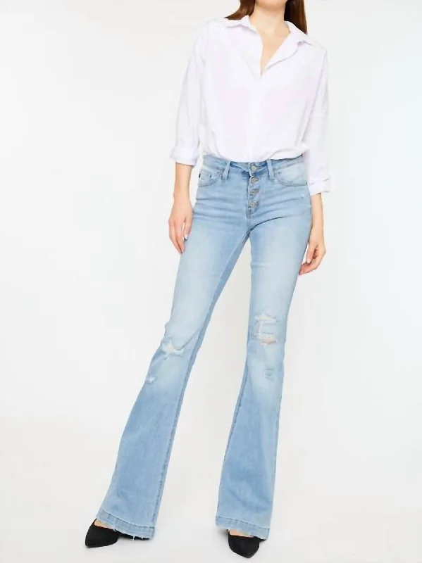 Mid-Rise Button Up Distress Flare Jeans In Medium Wash Elegant Bootcut Fit Jeans