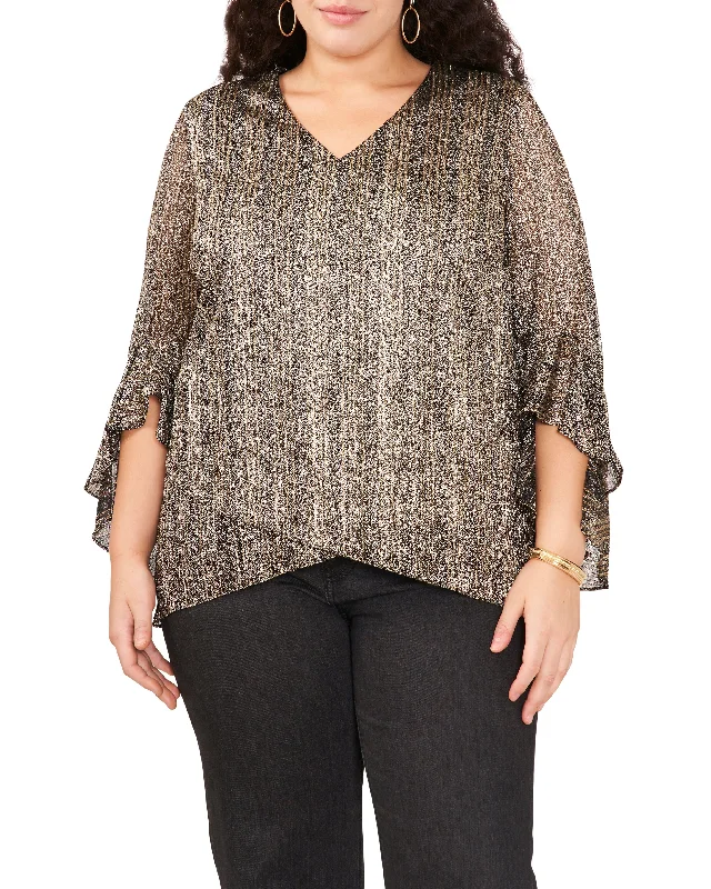 Plus-Size Metallic Stripe Flutter Sleeve Blouse Embroidered Floral Blouse