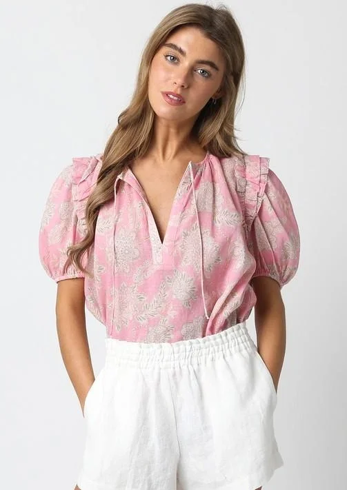 floral short sleeve ruffle trim blouse Everyday Stylish Blouse