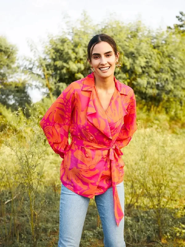 Double breasted Sheer blouse in Pink and Orange Color Soft Pastel Blouse