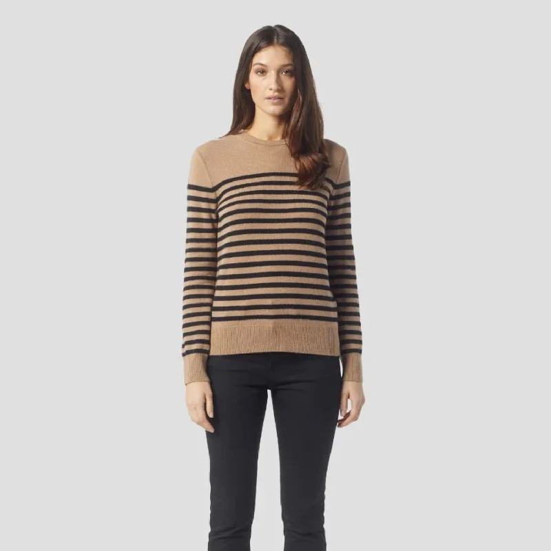 Sanni Cashmere Crew Sweater (Camel + True Black) Satin Blend Silk Blend Wool Blend