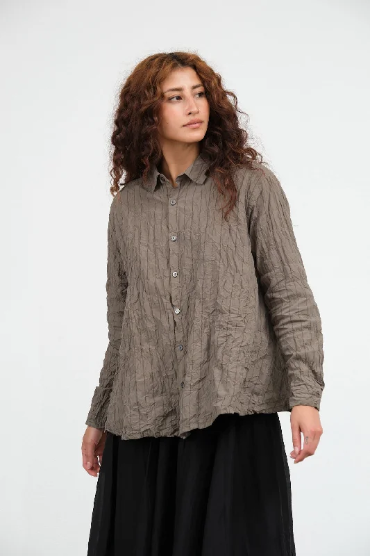 Crinkle Cotton Striped Blouse in Khaki Ruched Sleeve Blouse