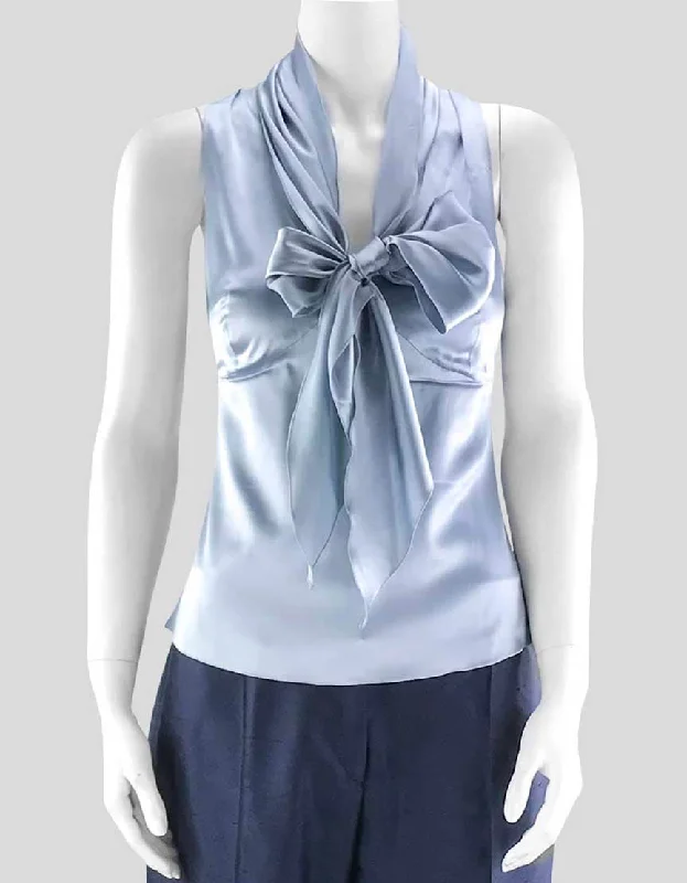 Armani Collezioni Sleeveless Silver Blue V-Neck Silk Blouse With Tie At Bust Lined Size 42 It Satin Drape Blouse