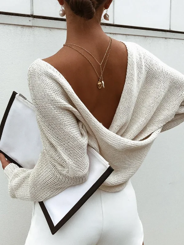 Fashion Simple Loose V Neck Sweater Long Sweater Short Sweater Cropped Sweater