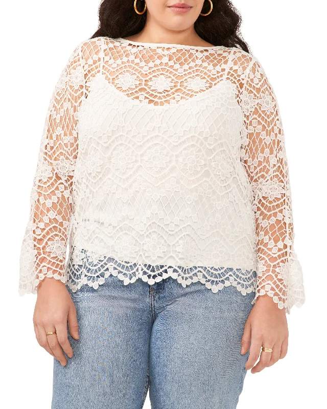 Plus-Size Open-Weave Floral Lace Cropped Blouse Feminine Pastel Blouse