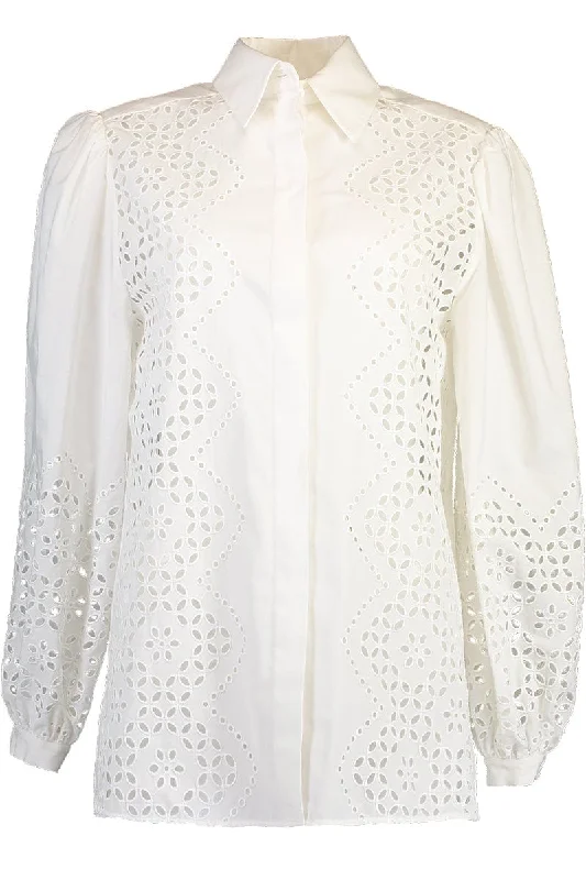 Long Sleeve Eyelet Blouse - White Slim Fit Blouse