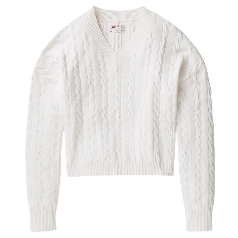 Fila Women's Casa Baseline Chunky V-Neck Sweater - White Boat Neck Shawl Collar Notched Collar