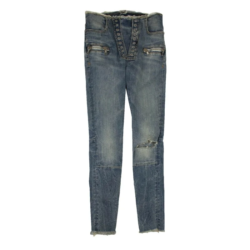 Unravel Project Lace-Up Skinny Jeans - Denim Chic Double Waistband Jeans