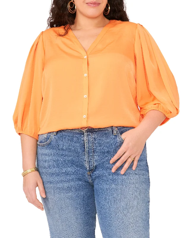 Plus-Size Button Down Balloon Sleeve Blouse Loose Oversized Blouse