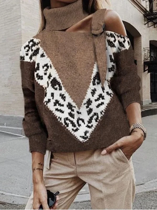 Vintage High Collar Printed Color Sloping Shoulder Sweater Tailored Straight A-Line