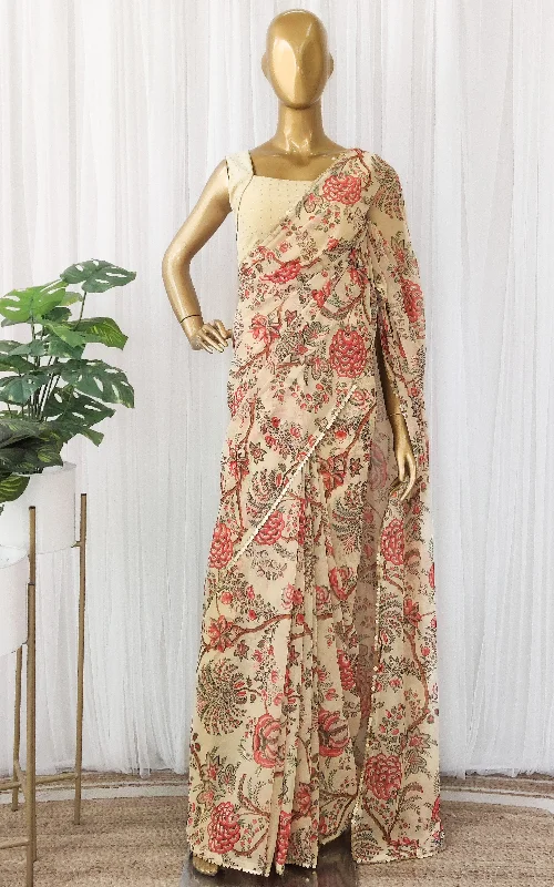 Beige Floral Georgette Saree with Mukaish Blouse Soft Knit Blouse