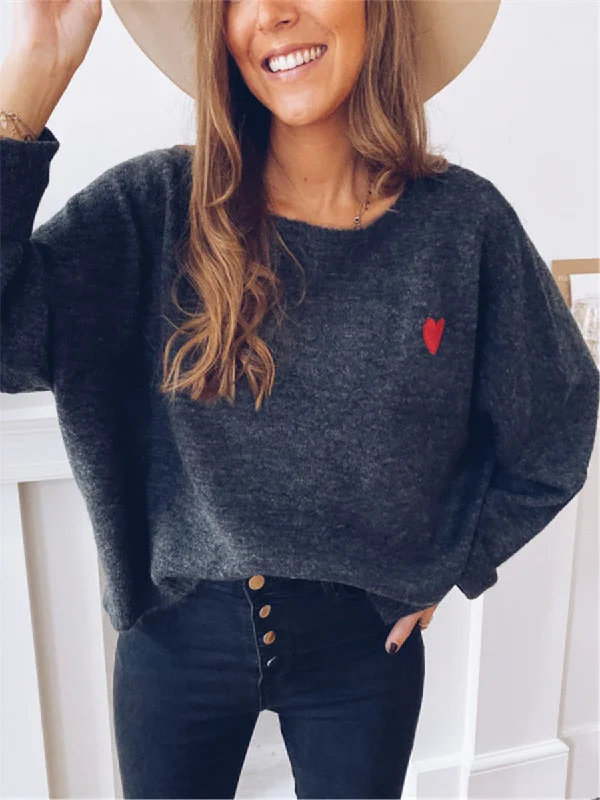 Heart-shaped Embroidered Sweater Spandex Blend Rayon Blend Denim Blend