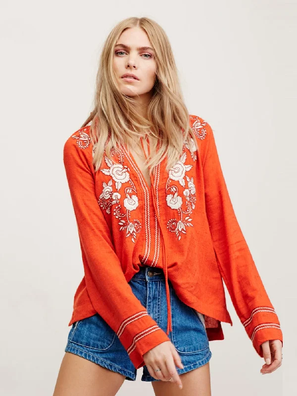 Boho Vintage Embroidery V-Neck Sexy Top Blouse Soft Satin Blouse